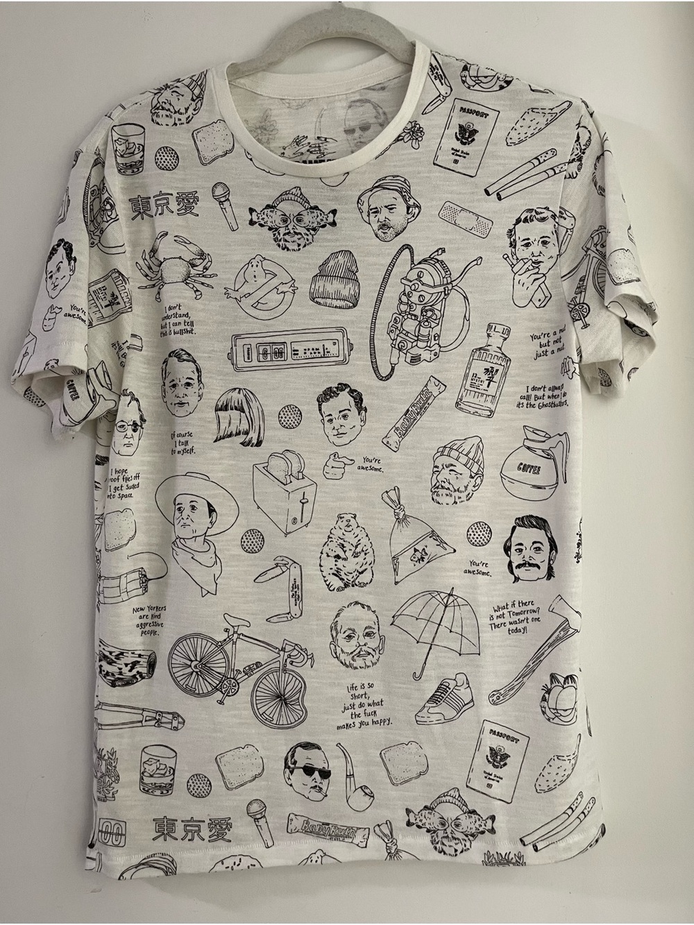 Verameat Bill Murray All Over Print Graphic Doodle Tee White Comfy Size OS